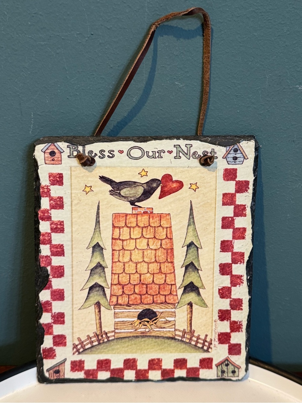 Bless Our Nest Hanging Slate Plaque by Jo Moulton